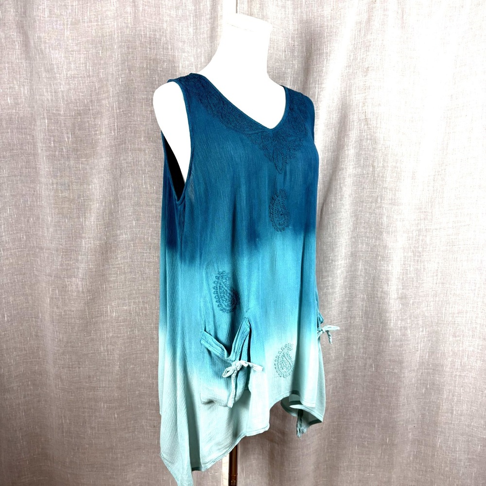 Greater Good Ombre Blue Tank Hippie Boho Festival Sz 1X Plus Rayon Paisley Yoga